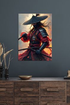 This Captivating Artwork Portrays A Powerful Samurai Warrior Clad In Traditional Armor With Intricate Designs And Wielding Twin Swords. His Intense Gaze Hidden Behind A Mask Exudes Strength And Determination. The Flowing Red Robe And The Dramatic Lighting With Glowing Embers Around Him Create A Sense Of Motion And Intensity While His Large Conical Hat Adds A Mysterious Aura. Perfect For Fans Of Samurai Japanese Culture Or Martial Arts.. Displate is a one-of-a-kind metal poster designed to capture your unique passions. Sturdy, magnet mounted, and durable – not to mention easy on the eyes! Warrior In Battle, Twin Swords, Conical Hat, Glowing Embers, Dramatic Lighting, Samurai Warrior, Intricate Designs, Japanese Culture, A Mask