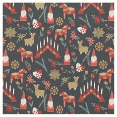 an image of christmas fabric with reindeers and candles on it, in black background