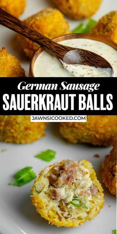 german sausage and sauerkraut balls on a white plate