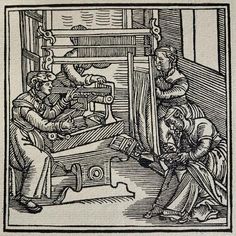 an image of two people working on a weaving machine, vintage line drawing or engraving illustration