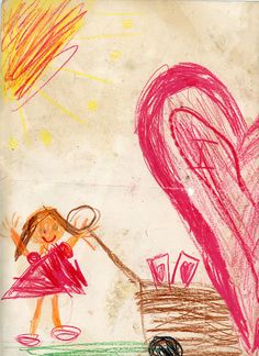 a child's drawing of a girl pulling a wagon with a heart on it