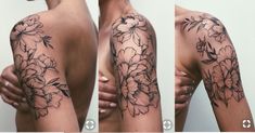 three different views of a woman's arm and shoulder with flowers tattooed on it