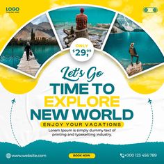 an advertisement for a travel company with images of people on the water and mountains in the background