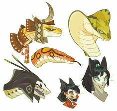 six different types of cartoon animals with their heads turned to look like snakes and lizards