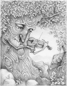 a drawing of a man playing the violin under a tree