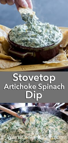 spinach dip in a skillet with tortilla chips