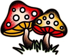 two mushrooms sitting next to each other on top of grass