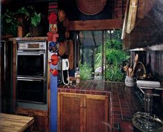 a kitchen with an oven, stove and counter top in the center is surrounded by potted plants