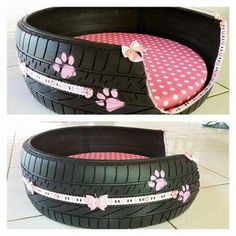 two pictures of a dog bed made out of an old tire with pink paw prints on it