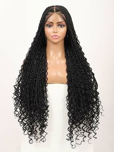 Chinalacewig Tangleless Human Hair Full Lace Boho Curls Box Braided Wig 36inch Natural Color Braid Wig For Black Women Knotless Braids With Human Hair, Braids With Human Hair Curls, Braids With Human Hair, Full Lace Braided Wig, Curled Box Braids, Boho Box Braids, Boho Knotless Braids, Boho Knotless, Wig Material