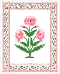 pink flowers with green leaves in a square frame on a white background, painted by hand