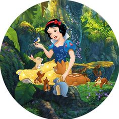 snow white sitting on the ground surrounded by stuffed animals and other disney characters in a forest