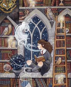 a painting of a woman sitting in front of a book shelf filled with books and owls