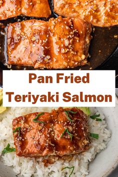 pan fried teriyaki salmon served over rice in a skillet