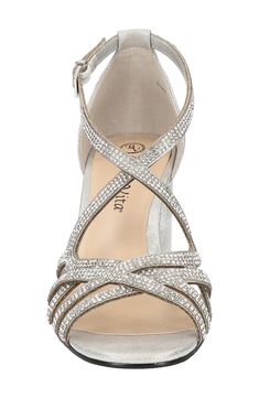 Sparkling straps interweave on this metallic sandal that'll be a highlight of your special occasion looks. Synthetic upper, lining and sole Imported Silver Sandals With 4-inch Heel For Prom, Silver Strappy Sandals With 4-inch Heel, Glamorous Synthetic Sandals For Gala, Synthetic Round Toe Sandals For Events, Synthetic Open Toe Heels For Gala, Open Toe Synthetic Heels For Gala, Gala Open Toe Synthetic Heels, Event-ready Round Toe Synthetic Sandals, Event Synthetic Sandals With Round Toe