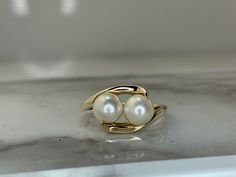 10kt yellow gold ring set with 6mm pearls! Weighs 2.0dwt and is currently a size 6 but can be resized! Pearl Ring Design, Pearl Rings, Gold Ring Sets, Yellow Gold Ring, Pearl Ring, Yellow Gold Rings, Rings Statement, Wedding Stuff, Ring Set