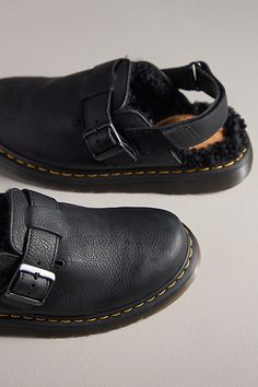 Leather upper Borg fleece lining Rubber sole Buckle styling Imported | Jorge II Slingback Mules by Dr. Martens in Black, Women's, Size: 6, Leather/Rubber at Anthropologie Dr Martens Jorge Ii, Dr Martens Jorge, Slingback Mules, 50 Fashion, Dr. Martens, Shoe Shop, Rubber Sole, Heel Height, Leather Upper