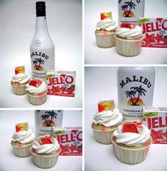 four pictures of cupcakes with icing and a bottle of jello