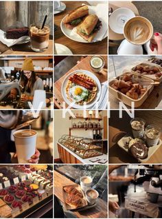 a collage of photos with different types of food and drinks on them, including coffee