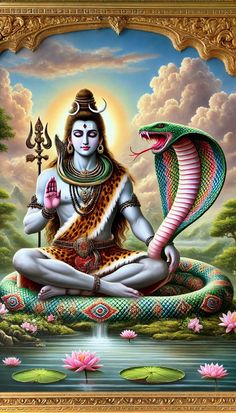 the god is sitting in front of a snake