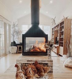 three chickens sitting in front of a fire place with a wood burning stove behind them