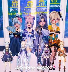 four anime dolls are standing in front of a sign that says, vii - vp