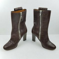 Women’s Chloe Mid Calf Heel Boots Brown Leather Upper 4” Heel Eu Size 35.5 / Us Size 5.5 Mark On Inside Of Right Boot As Seen In Picture Overall In Great Condition ! Brown Ankle-high Heeled Boots With Sculpted Heel, Brown Ankle-high Moto Boots With Stacked Heel, Luxury Brown Ankle-high Moto Boots, Chloe Brown, Brown Knee-high Heeled Boots With Zipper Closure, Brown Ankle-high Moto Boots Medium Width, Chloe Shoes, Boots Brown, Brown Leather Boots