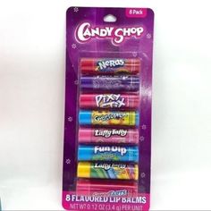 Candy Shop 8 Piece Flavored Lip Balm Set. New In Packaging. Please See Photos For More Details. Rainbow Nerds, Fun Dip Grape, Pixy Stix Strawberry, Gobstopper, Laffy Taffy, Fun Dip Razzapple, Laffy Taffy Mystery Swirl, And Sweetarts. Mary Kay Satin Lips, Red Lip Gloss, Cute Nail Polish, Laffy Taffy, Fun Dip, High Shine Lip Gloss, Glitter Lip Gloss, Lip Balm Set, Hydrating Lip Gloss