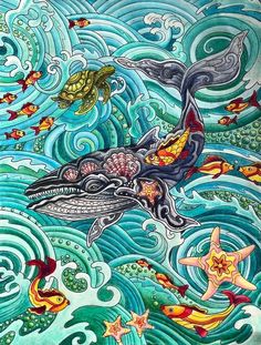 an artistic painting with fish and waves