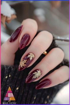 Celebrate the season with these burgundy and gold leaf nails! Perfect for October nails fall colors. The gold leaves against the rich red background create a stunning look. Check out more designs at nailhow.com. Save this pin to share the fall vibes! Nail Art Designs Green Colour, Elegant Burgundy Nails, Burgundy And Green Nails, Nail Shades, Simple Fall Nails, Autumn Nail, September Nails, Spooky Art