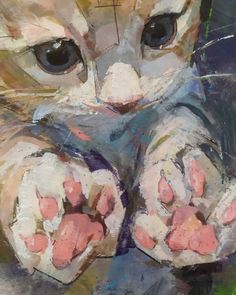 a painting of a cat with its paws stretched out