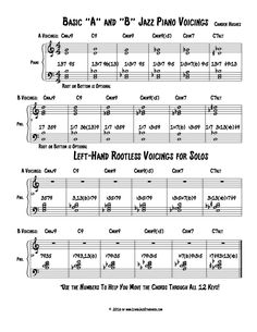 sheet music with the words basic and b - jazz piano voicings