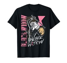 a black widow t - shirt with the words black widow and an image of a woman holding