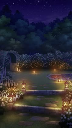 a garden with lots of flowers and lit up lanterns in the dark night sky above it