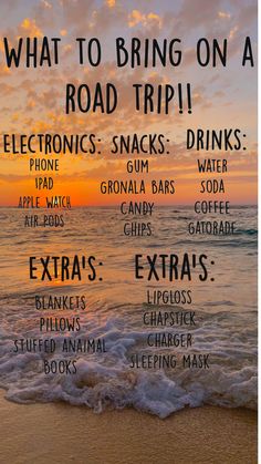 a poster with the words what to bring on a road trip