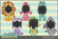 five cute little monsters with big teeth and fangs on their heads, all in different colors