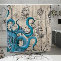 an octopus shower curtain in a bathroom with a ship on the water and blue tentacles