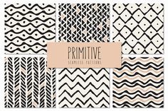 a set of black and white patterns with the words primitive written in pink on them