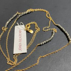 35 Nwtargento Vivo 18k Gold Plated Brass 36” Chain Necklace With Pyrite Gemstones. Great For Layering With Other Gold Necklaces! I Don't Polish Item & Just Send As Is. You Can Polish Whenever You Wish Price Is Firm Item Only (Unless I Mention Abt Packaging Or Tag) But Wrapping Safely Enlarge/See Pics To Check Size & Condition All Sales Are Final. Please See All Pics Lf Any Questions, Please Kindly Ask Checkout My Other Listings & Reviews! Purchase With Confidence Thank You Not A Posh Member? Ent Green Gemstone Necklace, Pyrite Necklace, Bar Pendant Necklace, Silver Bar Necklace, Circle Pendant Necklace, Sterling Necklaces, Beaded Pendant Necklace, Station Necklace, Gold Enamel