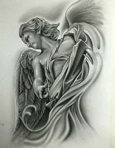 an angel tattoo design on the back of a woman's arm and shoulder, with wings