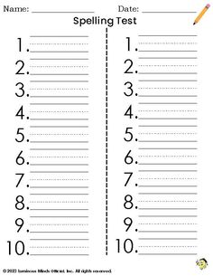 a spelling test with numbers and pencils on the page, which is written in black