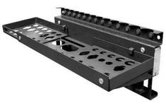 a black and white photo of a rack with holes in the bottom half, on a white background