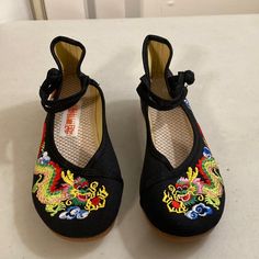 Soft Sole Interior Padding Colorful Embroidered Dragon Design Girls Sz 4.5 New Without Tags/Box Non-slip Closed Toe Flats, Casual Black Closed Toe Dance Shoes, Spring Dance Shoes With Soft Sole, Spring Dance Shoes With Soft Sole And Closed Toe, Flat Dance Shoes With Soft Sole For Spring, Spring Flat Dance Shoes With Soft Sole, Casual Dance Shoes With Round Toe For Spring, Casual Round Toe Dance Shoes For Spring, Casual Dance Shoes With Rubber Sole And Closed Toe