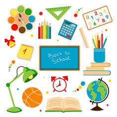 back to school clipart with books, globe, pencils, clock and other items