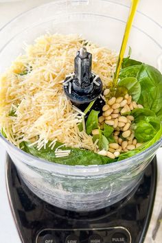 a food processor with spinach, pine nuts and cheese on it's side