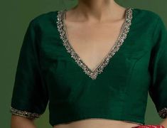 Buy Bottle Green V-neck Silk Blouselace Work Blouse Elbow online on Etsy India. Shop for handmade, vintage and unique Womens Blouses items from IndianblouseBoutique online on Etsy Bottle Green Blouse, Front Blouse Designs, Green Blouse Designs, Dark Green Blouse, Handmade Blouse, Latest Blouse Designs Pattern, Blouse Indian, Latest Model Blouse Designs, Traditional Blouse Designs