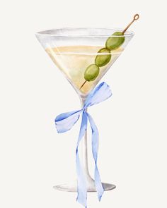 a painting of a martini glass with olives on the rim and blue ribbon around it