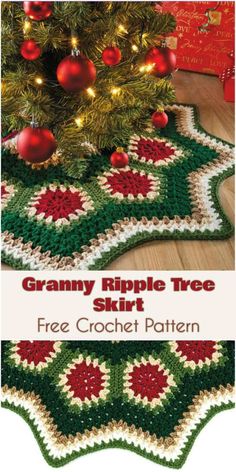 a crocheted christmas tree skirt with ornaments on it and the words granny ripple tree skirt