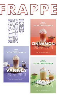 four different types of beverages with the words frappe on them