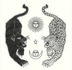 two cats are facing each other with the sun and moon above them in this black and white drawing